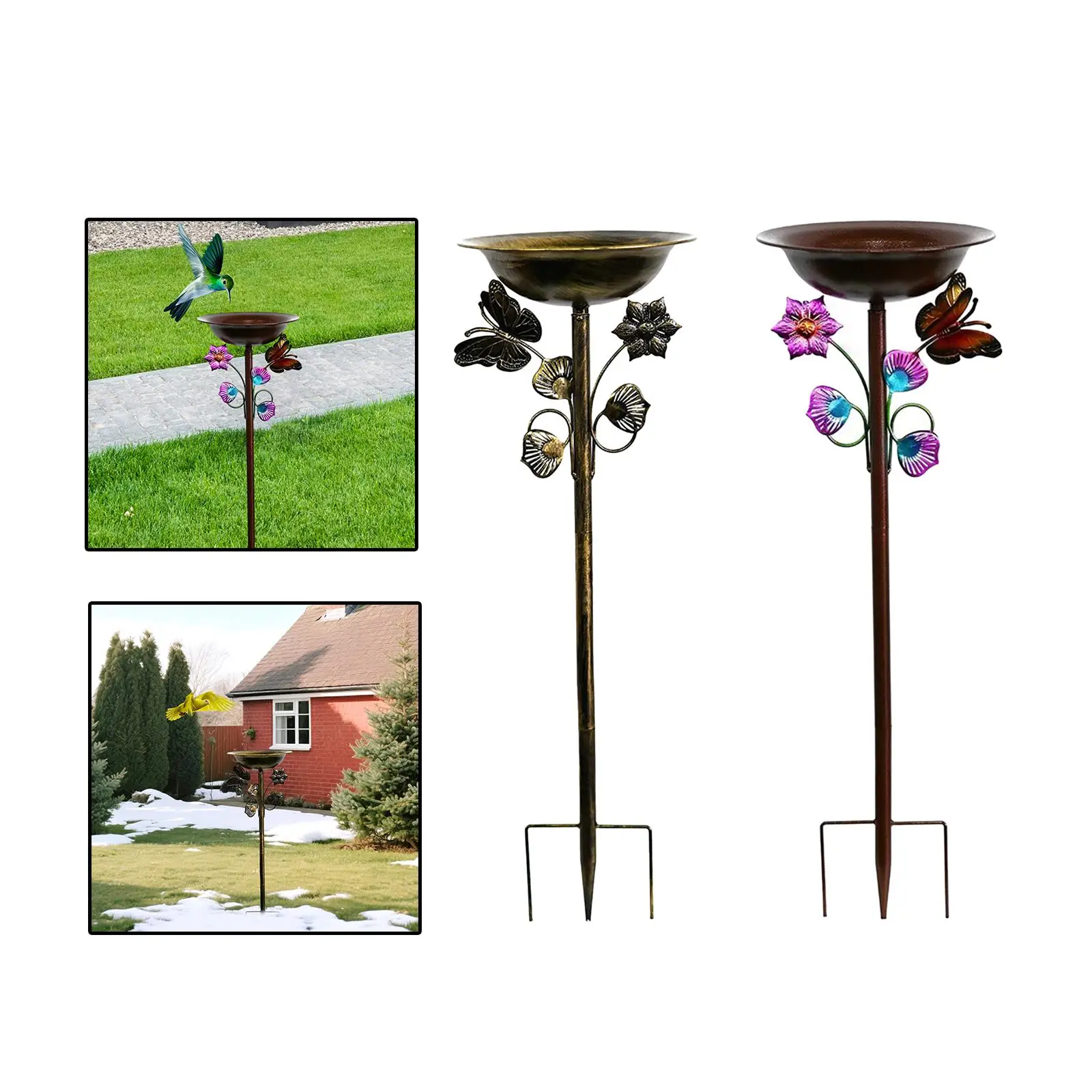 

Outdoor Bird Bath Elegant Iron Craft with Stake Weather Resistant Decorative Bird Water Bowl Garden Birdbath for Courtyard Lawn