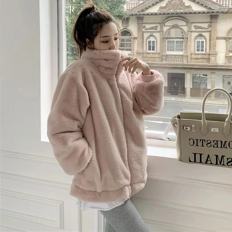 Simple Commuting Rabbit Hair Imitation Warm Winter Edition Korean Loose Standing Neck Thickened Cotton Plush Top Mesh Red Fur Co