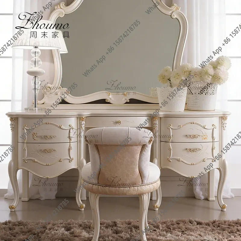 LlFrench Antique Old Makeup Table Carved Light Luxury Modern Dresser Simple Table And Chair Combination