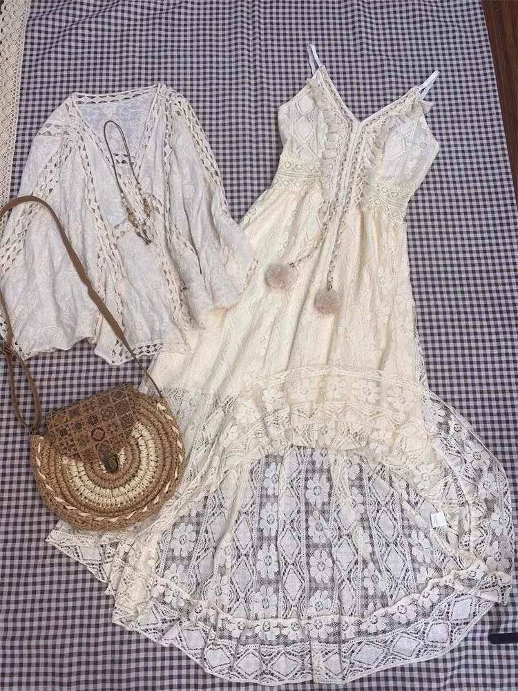 

Комплект из двух предметов в стиле Y2K: американский винтаж, этнический бохо, без рукавов, с кружевными вставками, повседневный, однотонный, весна-лето, облегающий, пляжный стиль