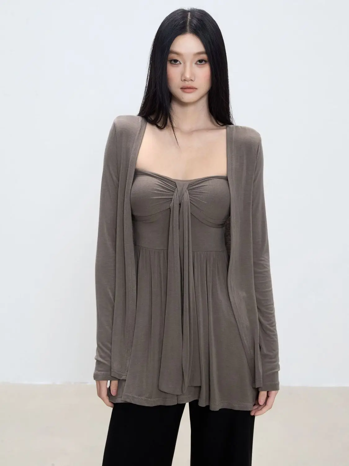 Women Y2k Aesthetic Two Pieces Set Solid Color Sun Protection Cardigan ​Sexy Pleated Vest Harajuku Spring Suit