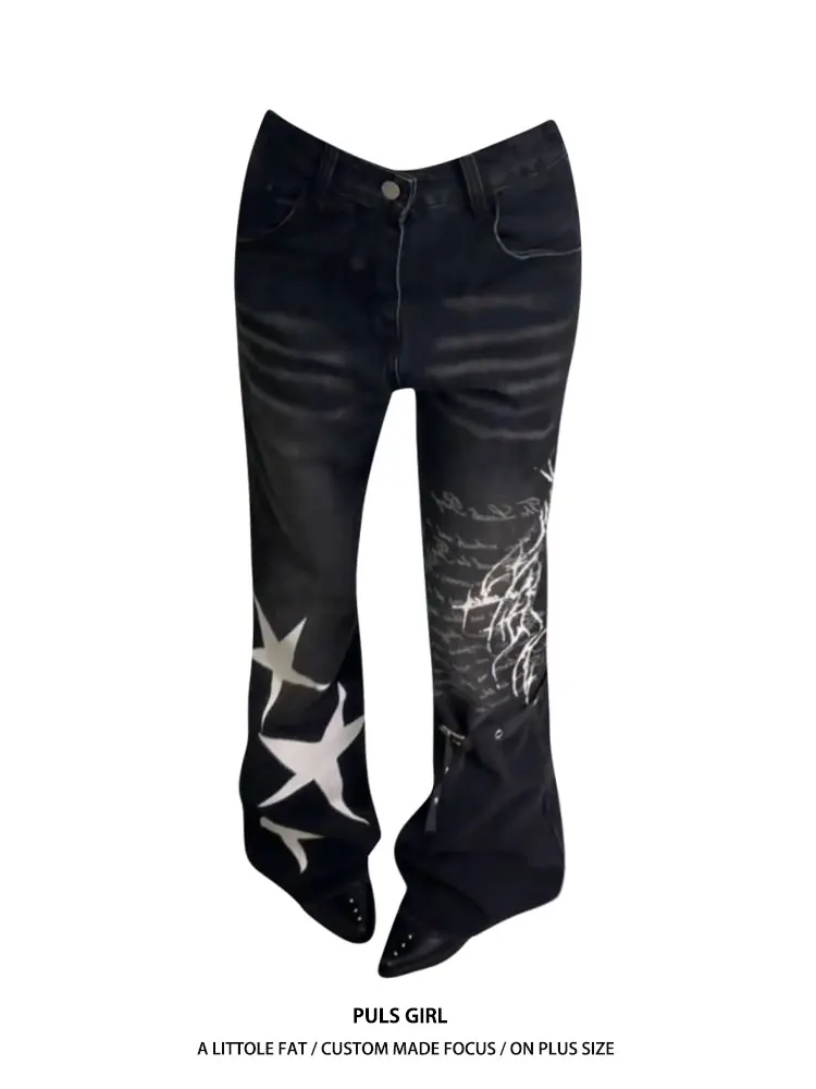 

Retro American Large Size Denim Jeans Women's High Waist Bell Bottom Printed Washed out Distressed Slim Fit Long Trousers