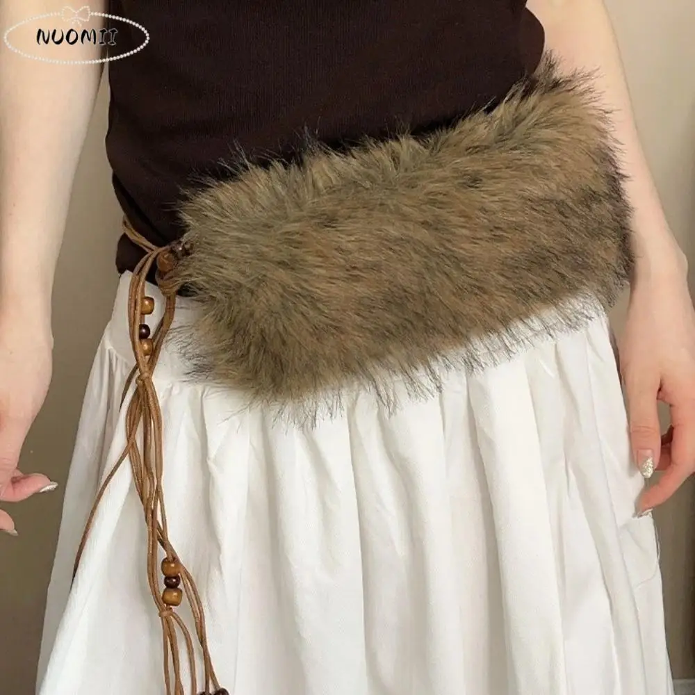 

Пушистый декор Y2K Меховой воротник Шарф Деревянная бусина Милый стиль Пушистый пояс Панк Пряная девушка Талия Веревка Аксессуар на талию