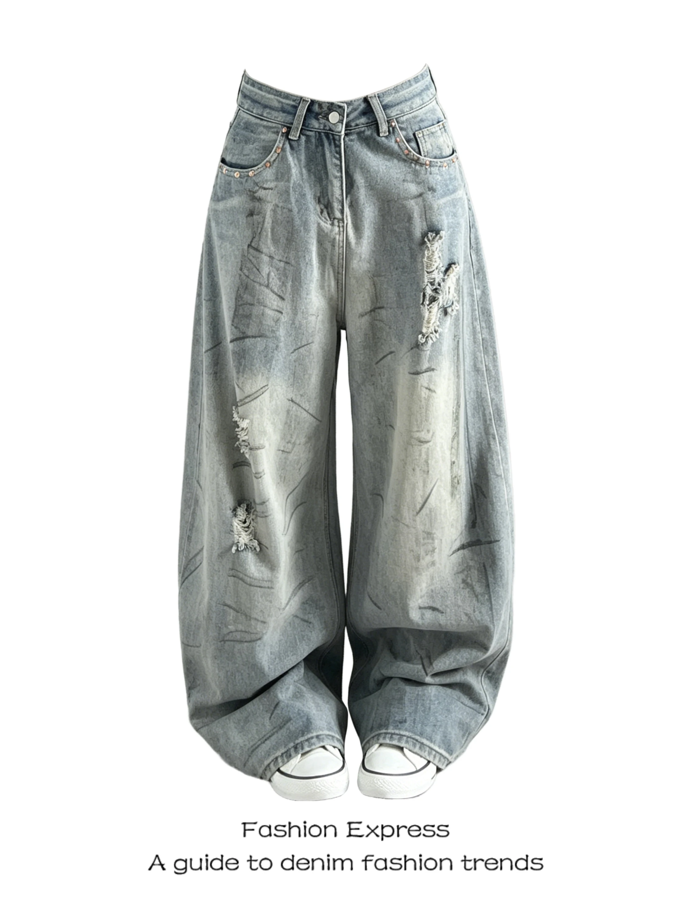 

Summer 2026 Women's Wide Leg Jeans Distressed Hole Knife Desert Style Loose Fit Slimming Trendy High Waist Casual Denim