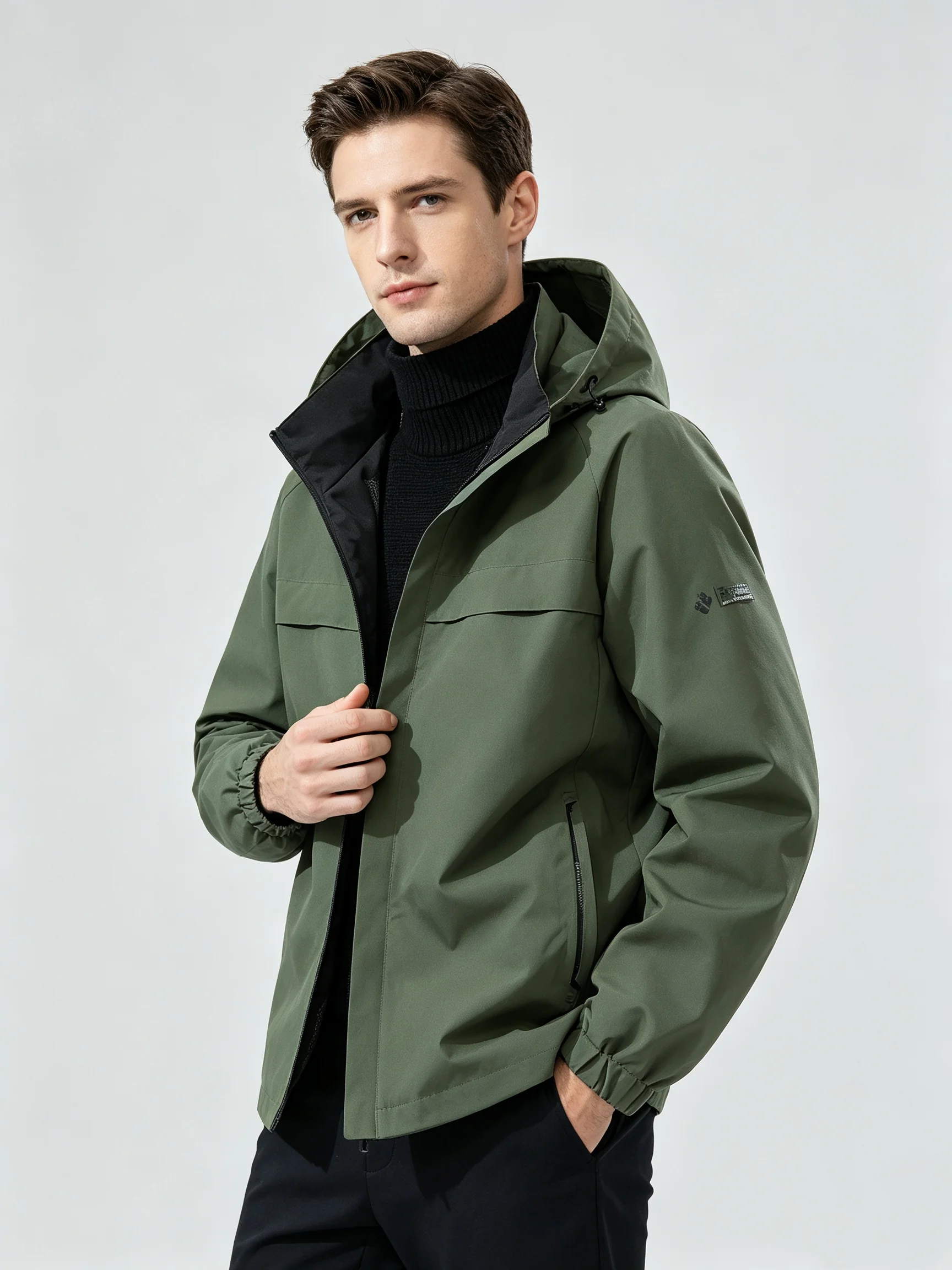 Men Army Green Hooded Windbreaker Jacket Full Zip Multi Pockets Mesh Lined Loose Fit Outdoor Casual Coat
