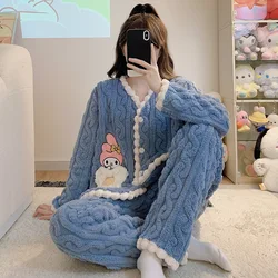 5XL Plus Size Coral Fleece Pajamas Women's Thickened Winter Warm Home Clothes Sweet Cardigan Long-sleeved Trousers Loungewear