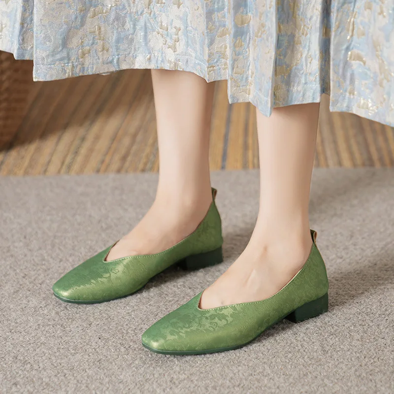 2024 Silver ballet flats woman square toe loafers women v cut dress shoes size 43 ladies microfiber leather mocassins low heels