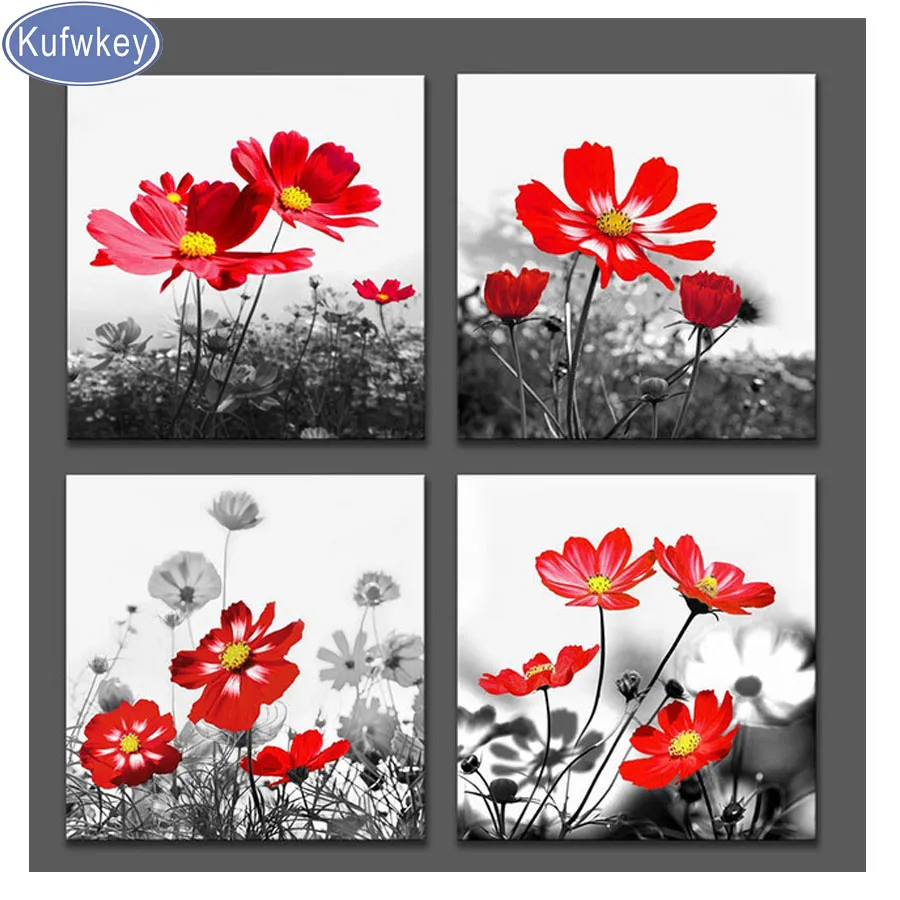 

4 pcs Diamond Embroidery"red little sunflower"diamond painting rhinestones pictures full square round drill Diamond mosaic sale