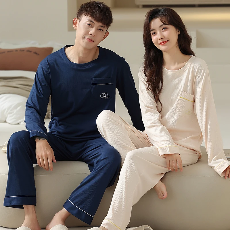 Couples O-Neck Pajamas Solid Color Pajamas Sets Sleepwear Long Sleeve Tops+Long Pants Pajamas Cotton Home Clothing Pijamas Mujer