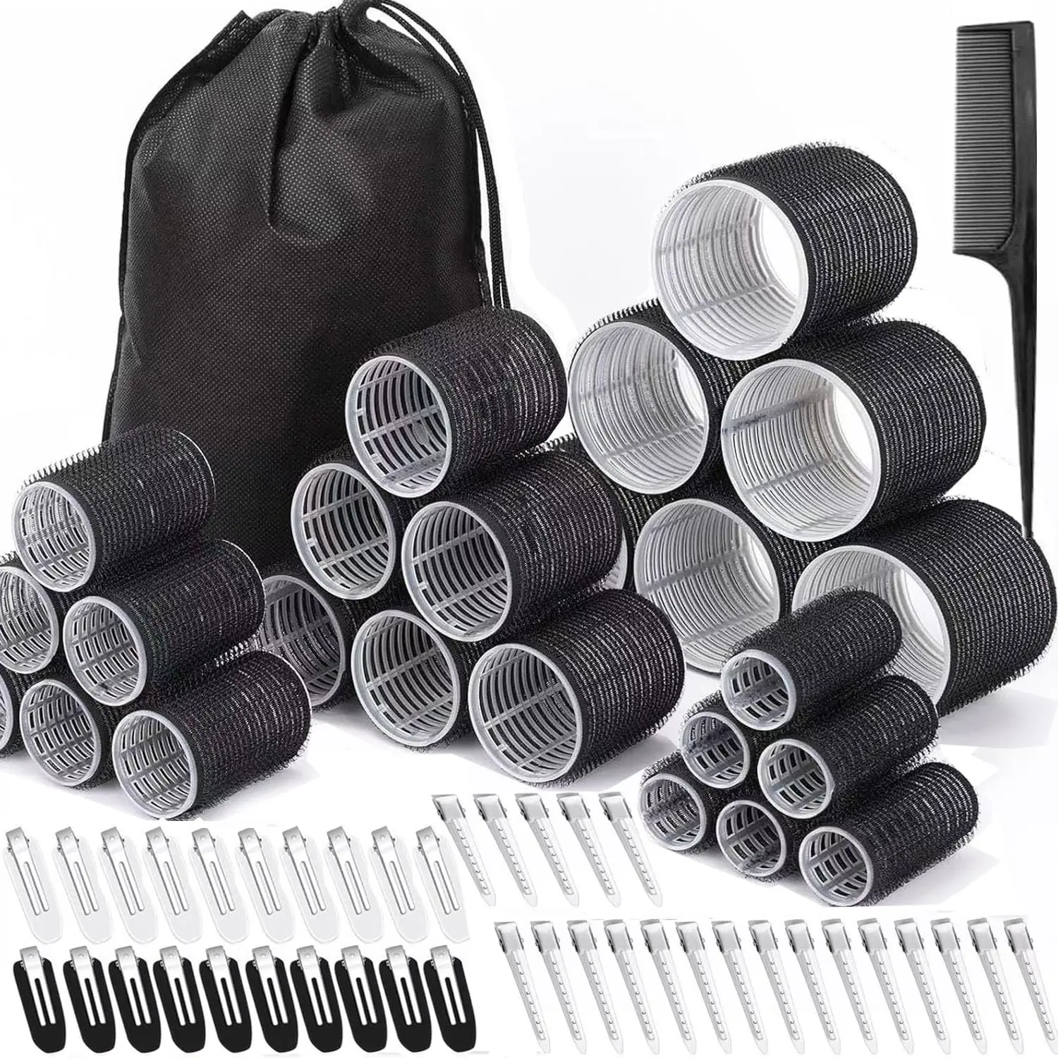 66 Pcs Hair Rollers Set with 40 Clips, 4 Sizes, Heatless Curlers for Volume, Storage Bag & Comb Included