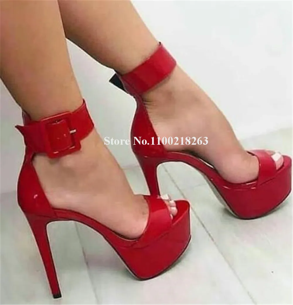 

Red Patent Leather Big Buckles Thin Heel Sandals Sexy Open Toe High Platform Stiletto Heel Ankle Strap High Heels Party Pumps