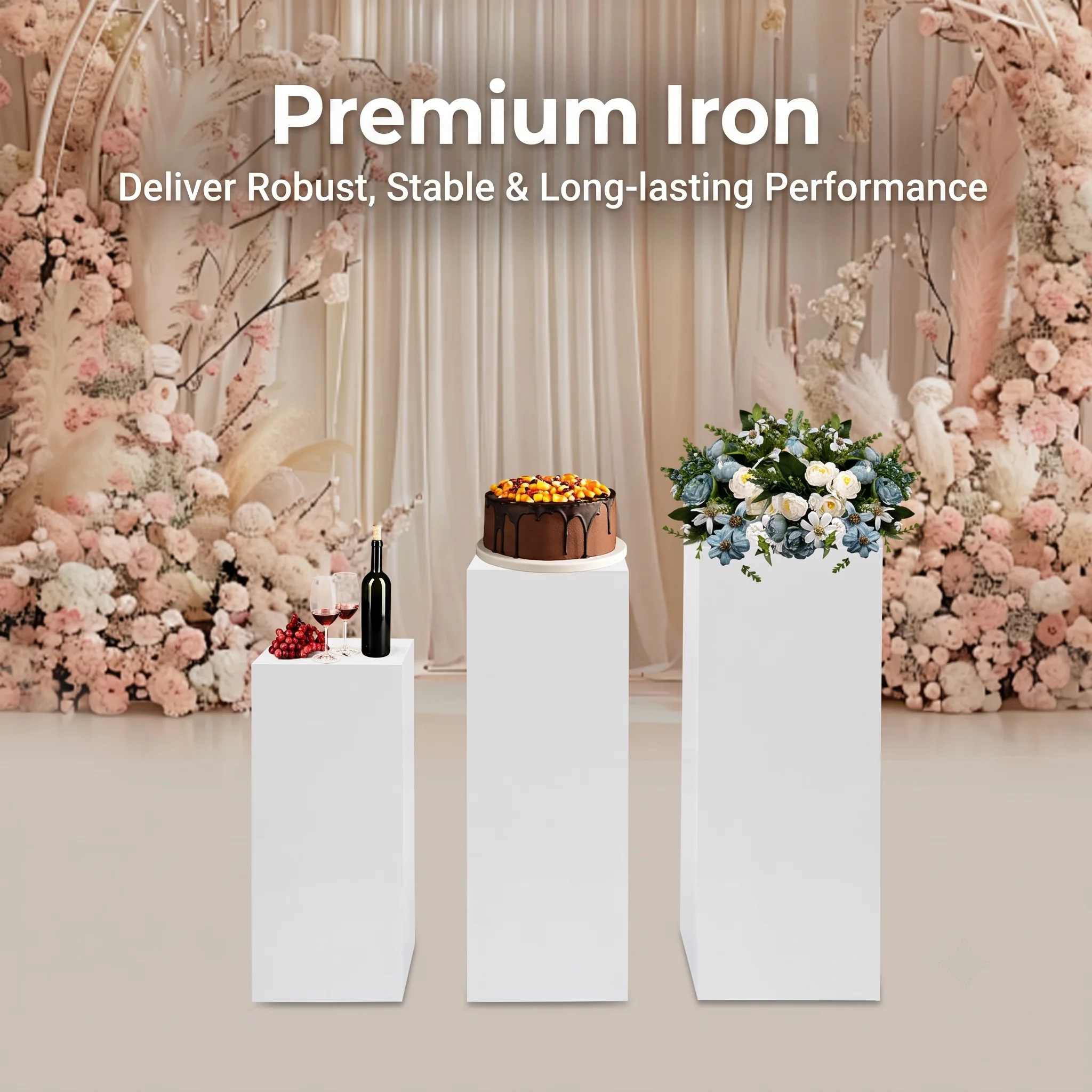White Metal Display Pedestal Stands, Set of 3 Square Pedestal Stands, 100x36x36mm 90x32x32mm 70x29x29mm, Heavy Duty Iron Base, Rust Resistant, Dessert Cake Stands for Party, Wedding, Free Standing Table Centerpiece Decor