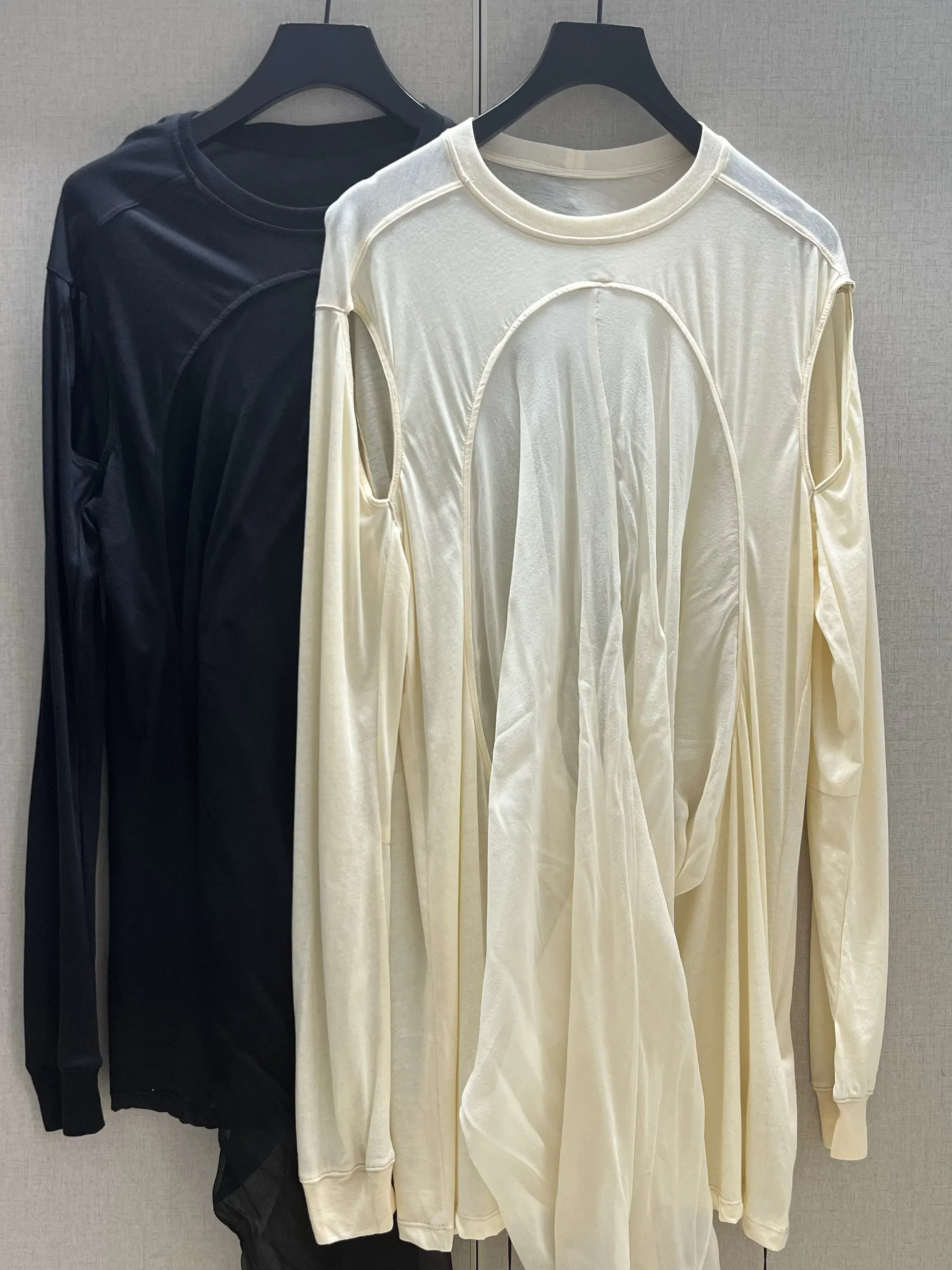 Men's 2026 Summer Dark RO Style Long Sleeve T-Shirt, Thin Hollow Out Spliced Round Neck, Unique Hem with Draped Shoulder Detail