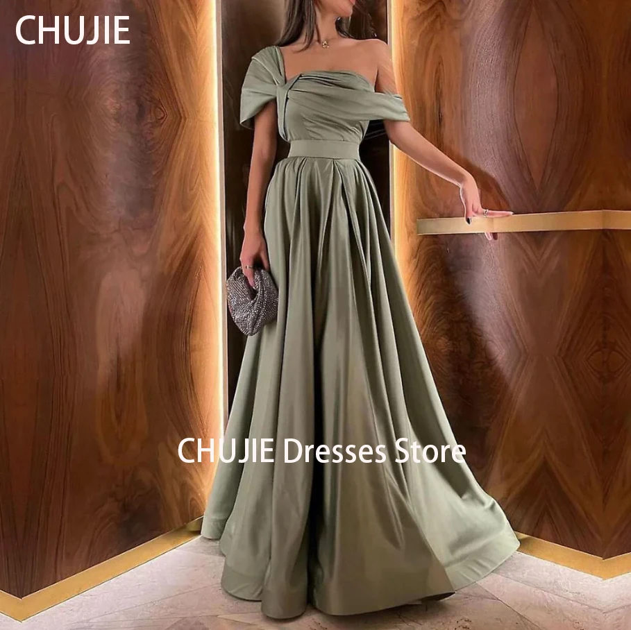 

Olive Green Off Shoulder Evening Dresses Woman Floor Length Wedding Dress Party Gowns Dubai Saudi Arabia فستان المساء Customized