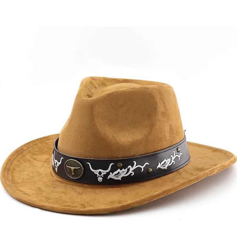 Suede Suede Upturned Edge Western Cowboy For Men Women, Outdoor Travel With Belt And Rolled Brim, Ethnic Style Top Hat, Felt Hat