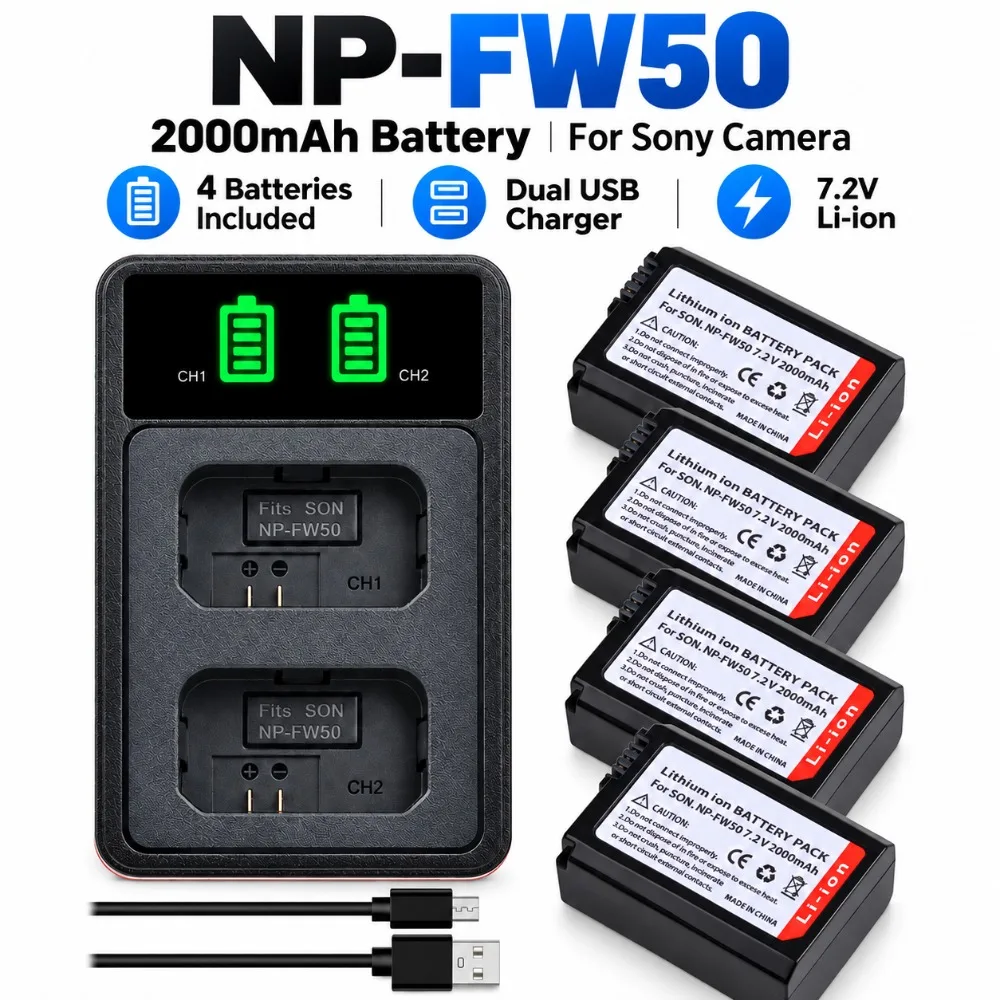 New 2000mAh NP-FW50 NP FW50 Battery LED USB Dual Charger for Sony A6000 A6400 A6300 A6500 A7 A7II A7RII A7SII A7S A7S2 A7R