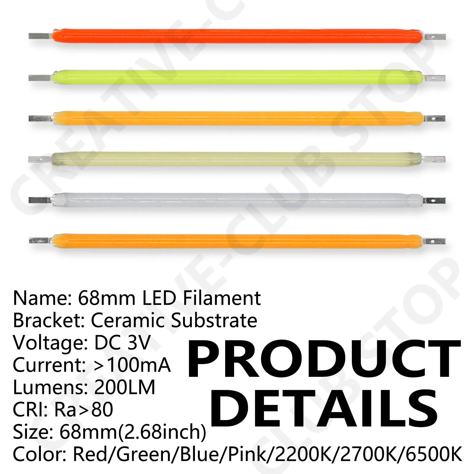 68mm 10pcs DC3V COB LED Filament Edison Bulb Parts Lamp Incandescent Light Accessories Red Green Blue 2200K 2700K 6500K for DIY