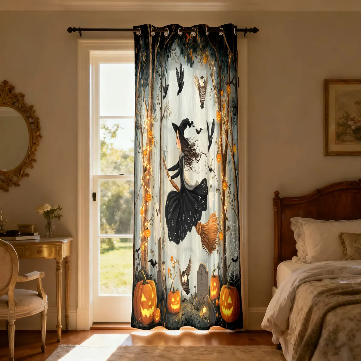 1PC Halloween Witch Pumpkin Ghost Forest Print Single Loop Curtain For Living Room Bedroom Door Window Home Decor view 6