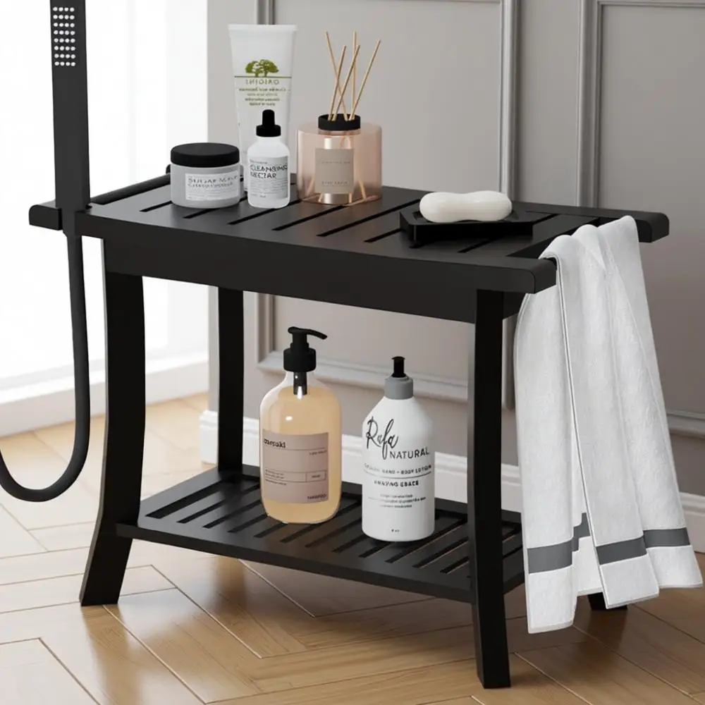 

Bamboo Shower Bench with Storage, Non-Slip Seat for Adults, Elderly, and Kids, Waterproof Bathroom Stool for Shower, Bathtub, Sa