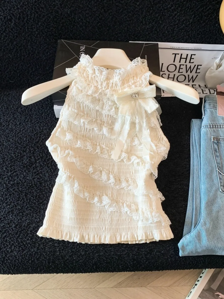 

Elegant Lace Trim Pleated Vest Women Summer Fashionable Knot Decoration Slim Fit Shoulder Bared Neck Hanging Top