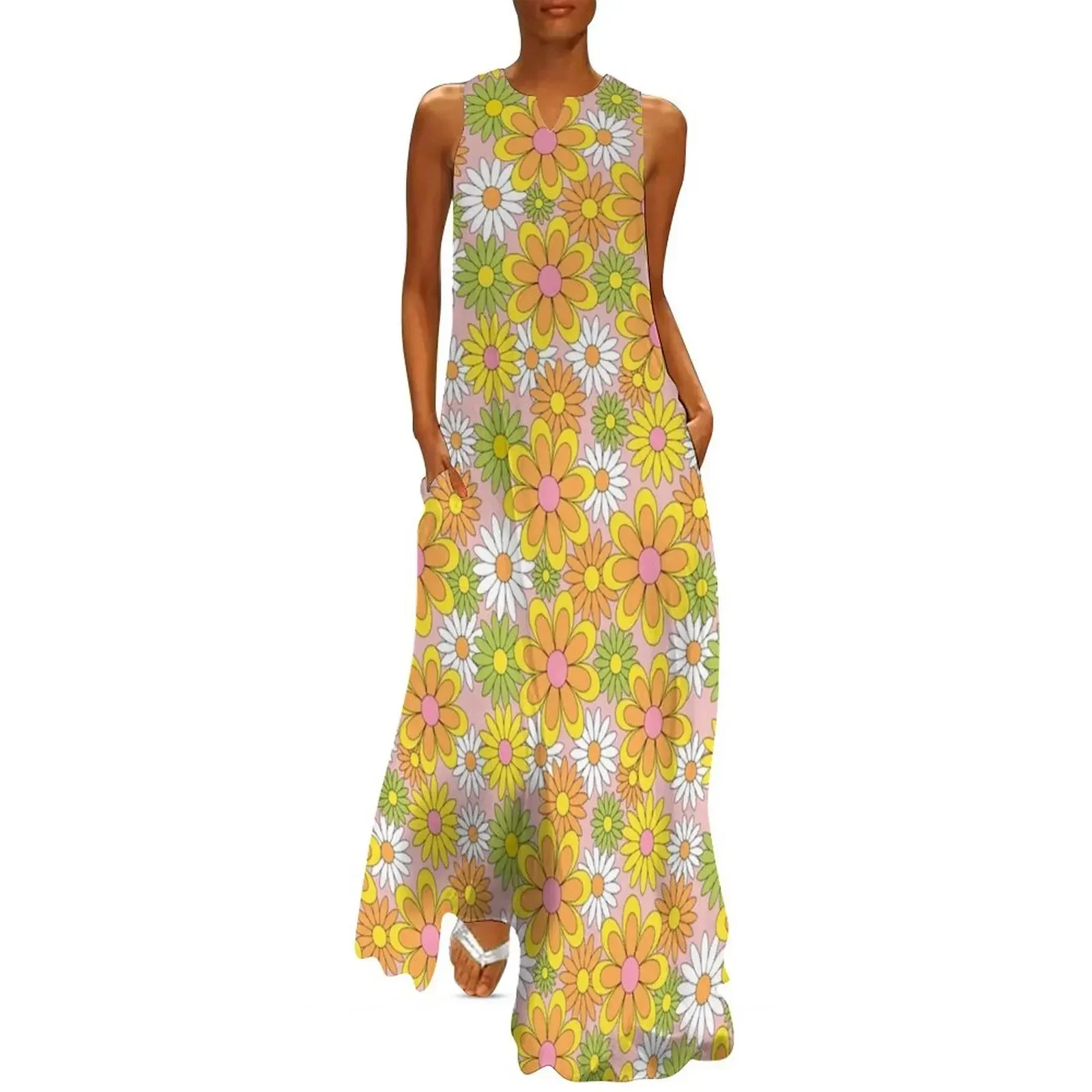 

Vintage 70s Flower Power Orange, Pink & Yellow Retro Daisy Long Dress sexy dress for women Dress