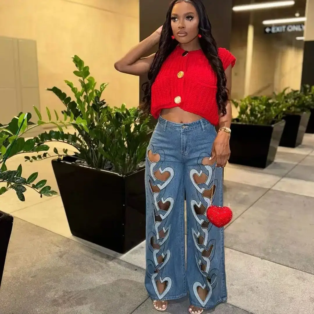 

Casual Hollow Out Jean Zipper Straight Pant Spring Denim Trouser Female Street Cloth 2025 New Arrival Women Fashion New Jean