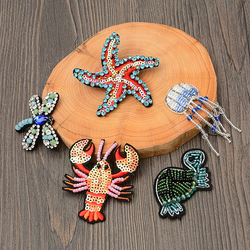 Parche bordado de Ocean World con cuentas hecho a mano de una pieza, apliques para coser DIY para decoración de ropa