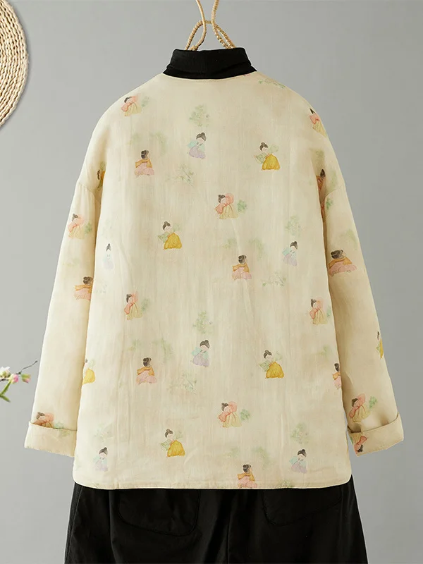 

Retro Collar Buttoned Cotton Jaet ort Thiened Warm Cotton Clothes for Women Winter National Sle Cotton Flannel Coat