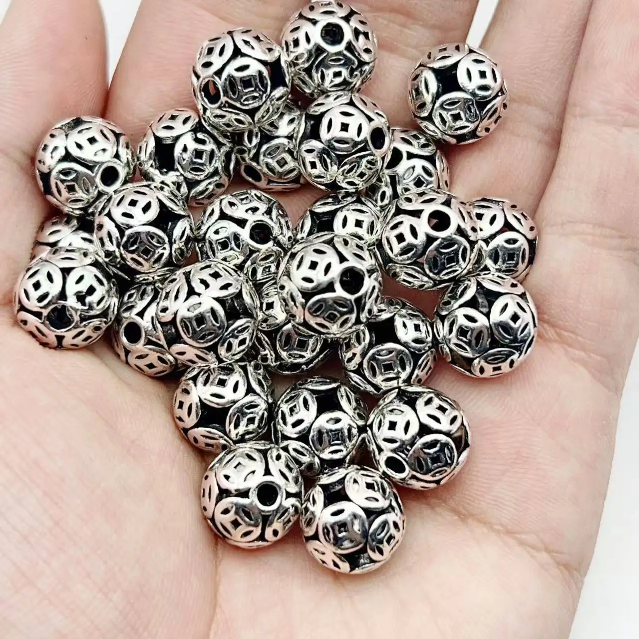 Juya 10 20 Stück/Lot 10 12mm Gravierte Perlen Hohl Antik Gold Silber Beschichtete Metallperlen für DIY Damen Herren Perlenarbeiten Schmuckherstellung – Detail 15