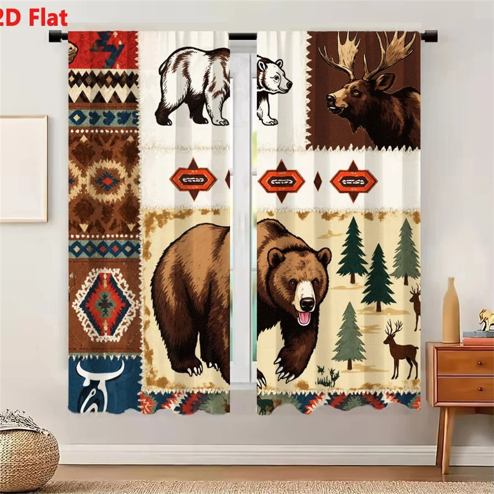 2Pcs Curtains 2D Flat Native American Inspired Wildlife Patchwork Design With Bear Moose Deer And Geometric Patterns Window Drap