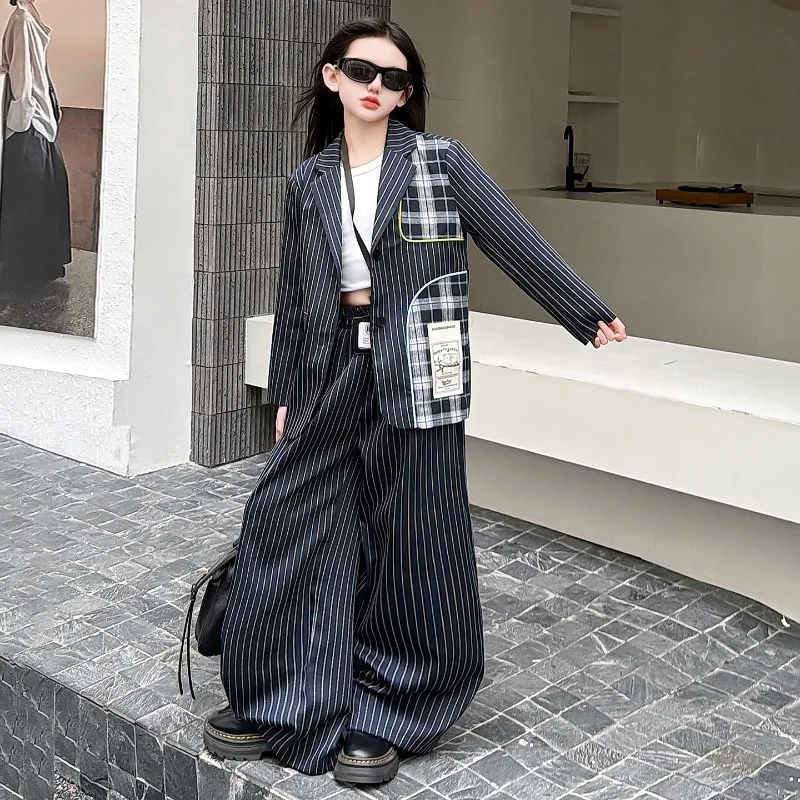 2026 Girls Spring Suit Korean Casual Kusa Children's Catwalk Clothes Striped Splicing Blazer Wide-leg Pants Two-piece Set