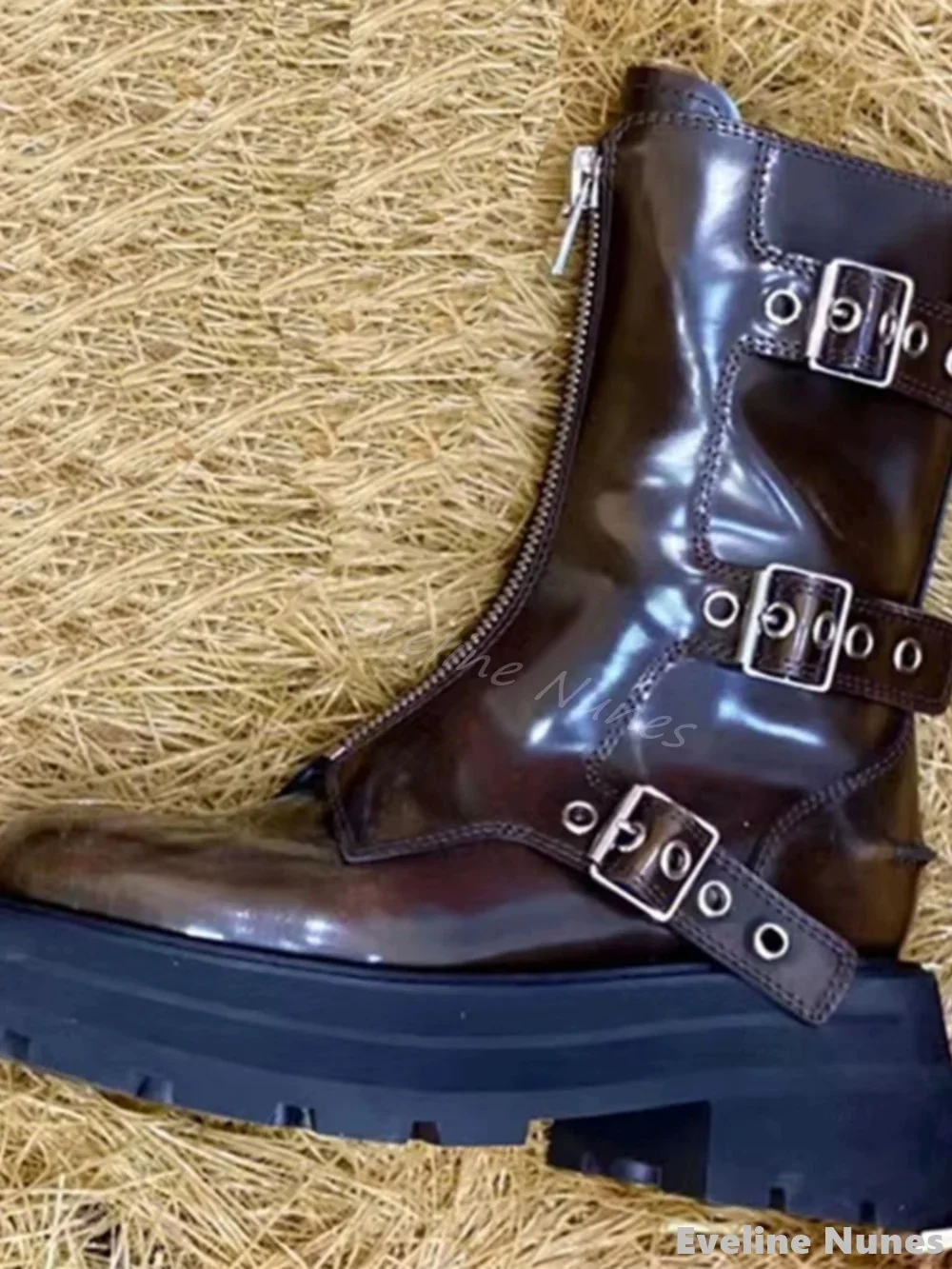 Front Zipper Belt Buckle Ankle Boots Women Round Toe Leather Splicing Retro Brown Knight Boots 2024 New Fashion Motorcycle Boots
