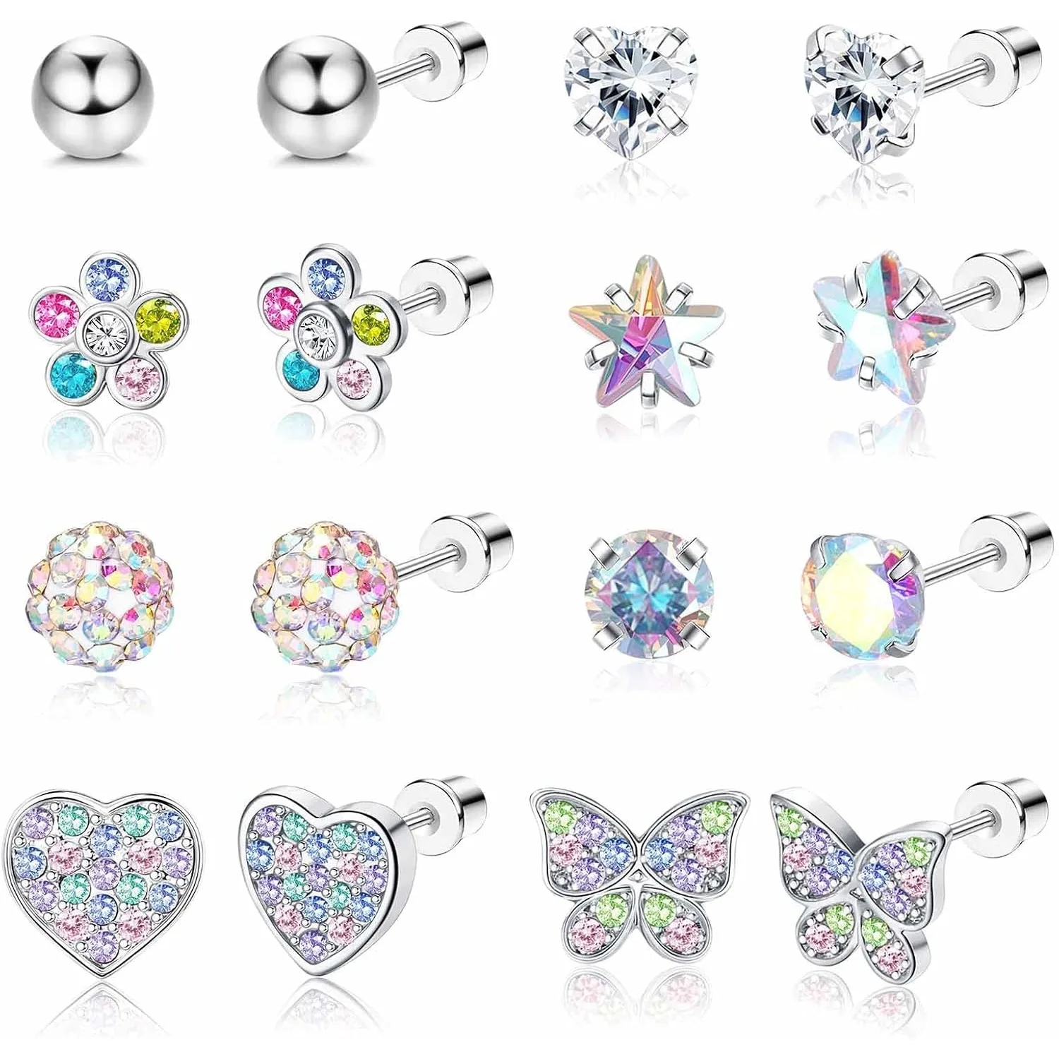 Bobisty 8Pairs Hypoallergenic Screwback Earring Set for Women 316L Stainless Steel CZ Flower Heart Butterfly Stud Piercing Jewel