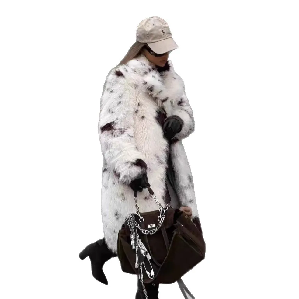 Cross-border European and American imitation fur coat, cow point printing extended winter environmentally friendly fur coat