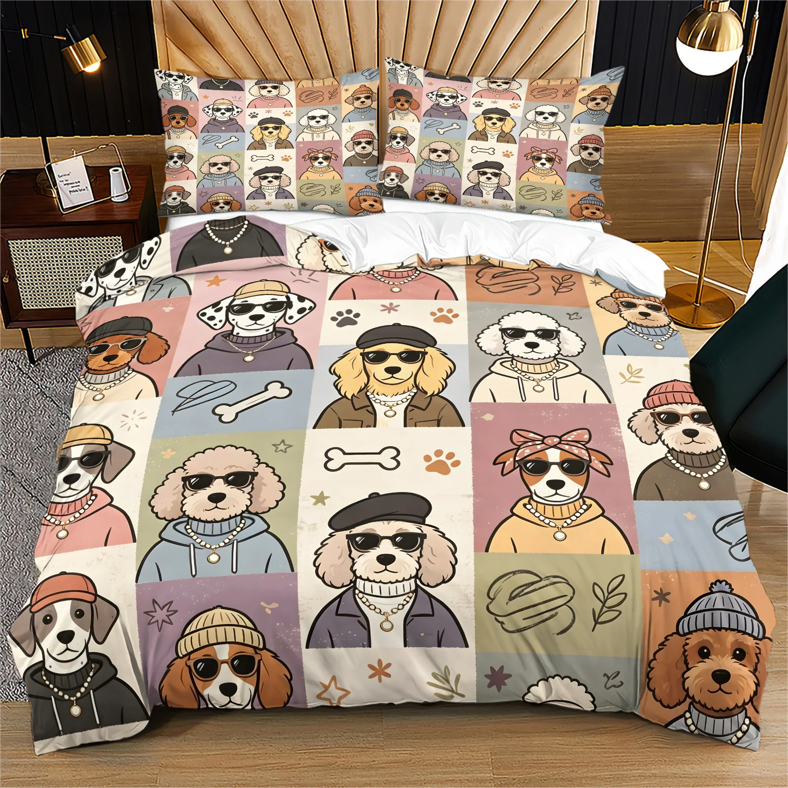 Cute Cartoon Dog Duvet Cover Set Patchwork Puppy Print Bedding Set Soft Microfiber Quilt Cover with Pillowcases for Pet Lover
