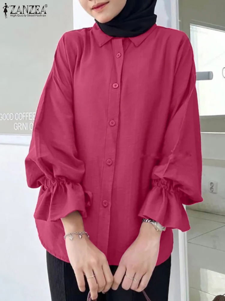 

Мусульманская блузка ZANZEA 2022, женская модная туника с длинным рукавом и лацканами, топы, повседневная рабочая рубашка, женская однотонная блузка, исламская одежда