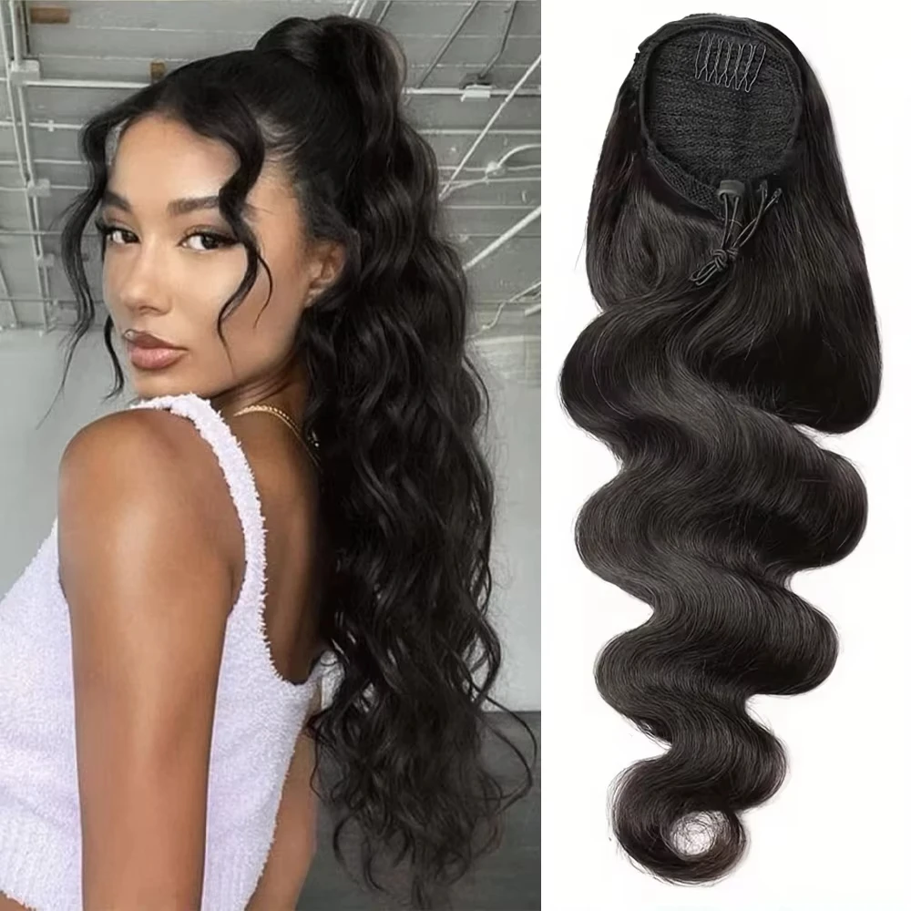 الرباط ذيل حصان شعر مستعار بشري الجسم موجة 100% شعر بشري حقيقي البرازيلي ريمي كليب في للنساء ذيل حصان اللون الطبيعي #1