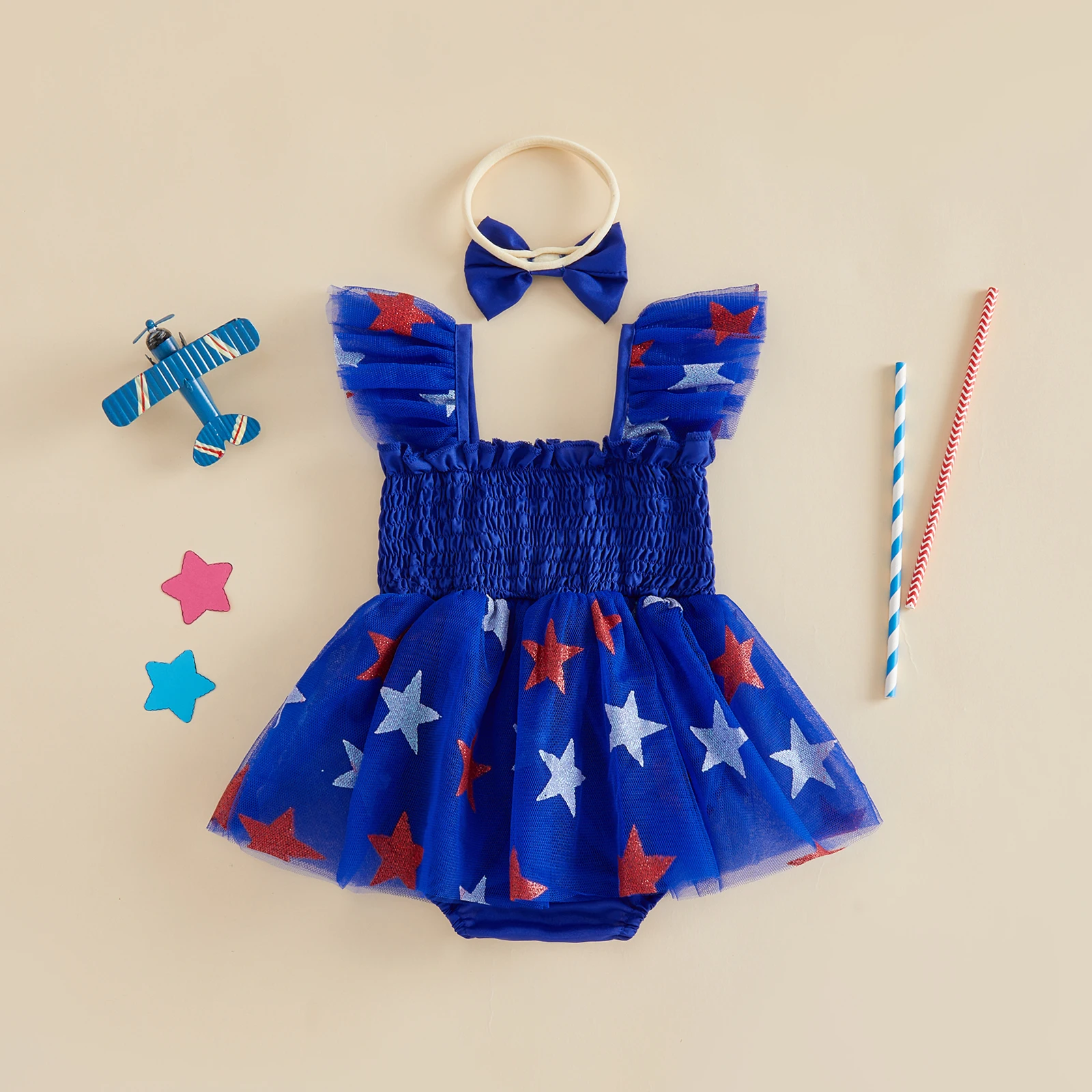 Baby Girl 4th of July Outfit Adorable Star Pattern Flying Sleeve Square Neck Mesh Romper Dress and Bow Headband Set