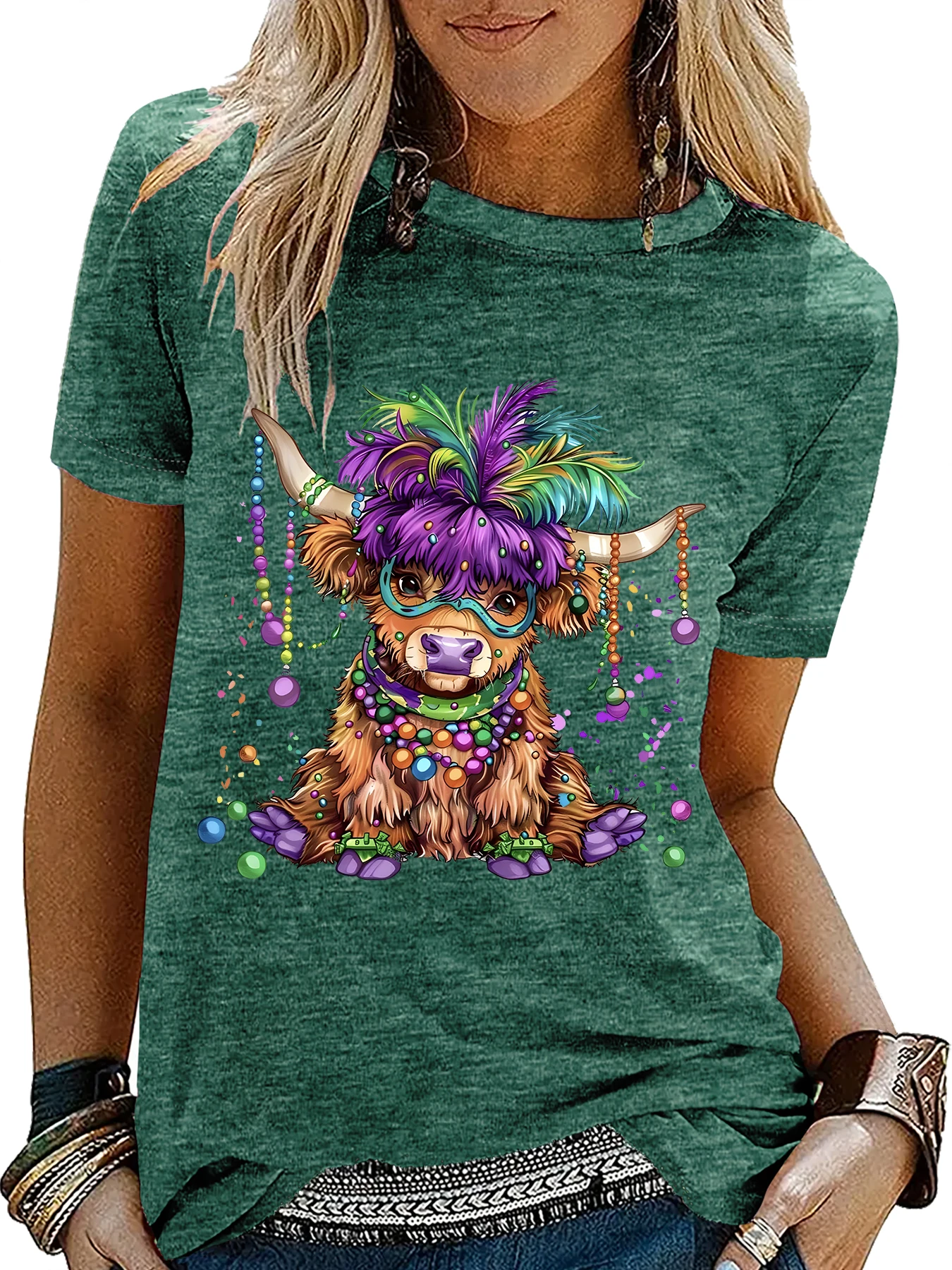 T-shirt da donna Mardi Gras manica corta cartone animato mucca scozzese delle Highland estate casual festival regalo per feste multi colori disponibili