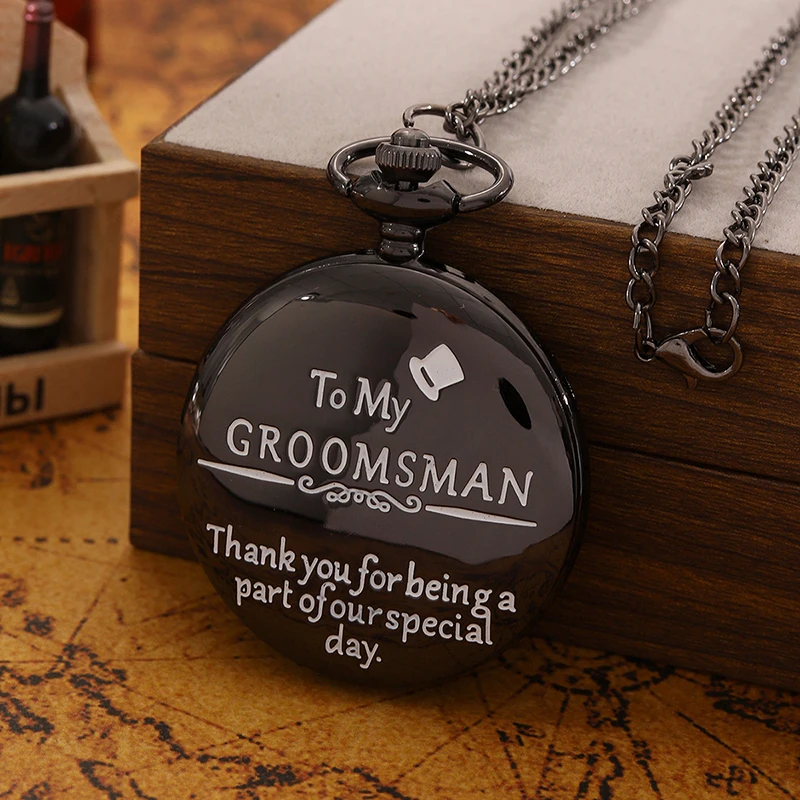 นาฬิกาพกสีดำสุดหรูสำหรับเพื่อนเจ้าบ่าวสามีของฉันนาฬิกาควอตซ์ย้อนยุคแกะสลักจี้นาฬิกาพกแบบย้อนยุค