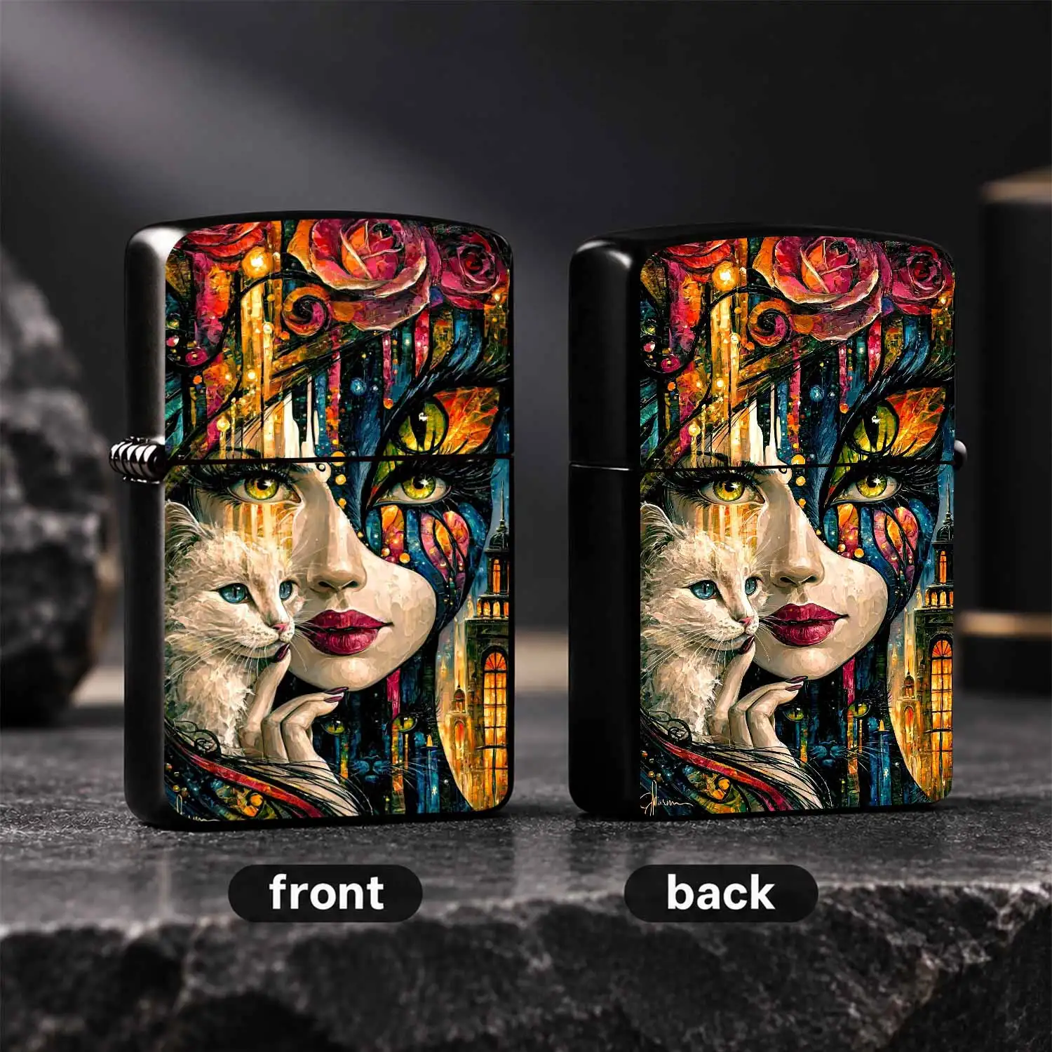 Artistic Stained Glass Style Fantasy Cat Lady Lighter, Exquisite Colorful Rose City Nightscape Pattern, Portable Decorative Practical Accessory, Ideal For Daily Use Gifting AndFor All Occasions  A Humorous And Interesting Lighter