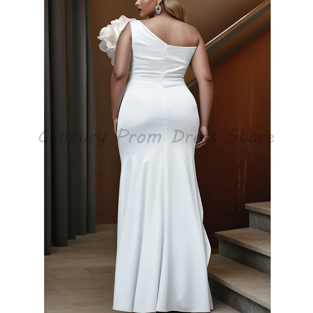 

White One Shoulder Satin Wedding Dress Luxury 3D Flower High Slit Ruched Mermaid Bridal Gown for Women