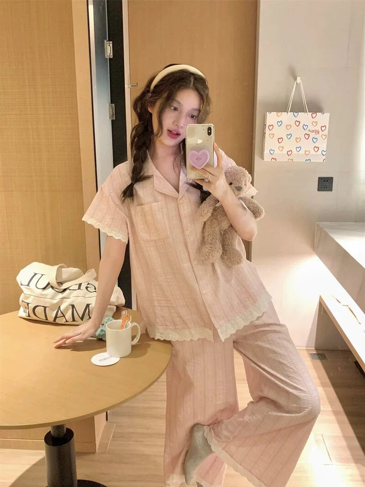 

Summer 2026 Sweet Style Lace Collar Short Sleeve Sleepwear Straight Leg Long Pants Two Piece Set Women's Trendy Home Clothes