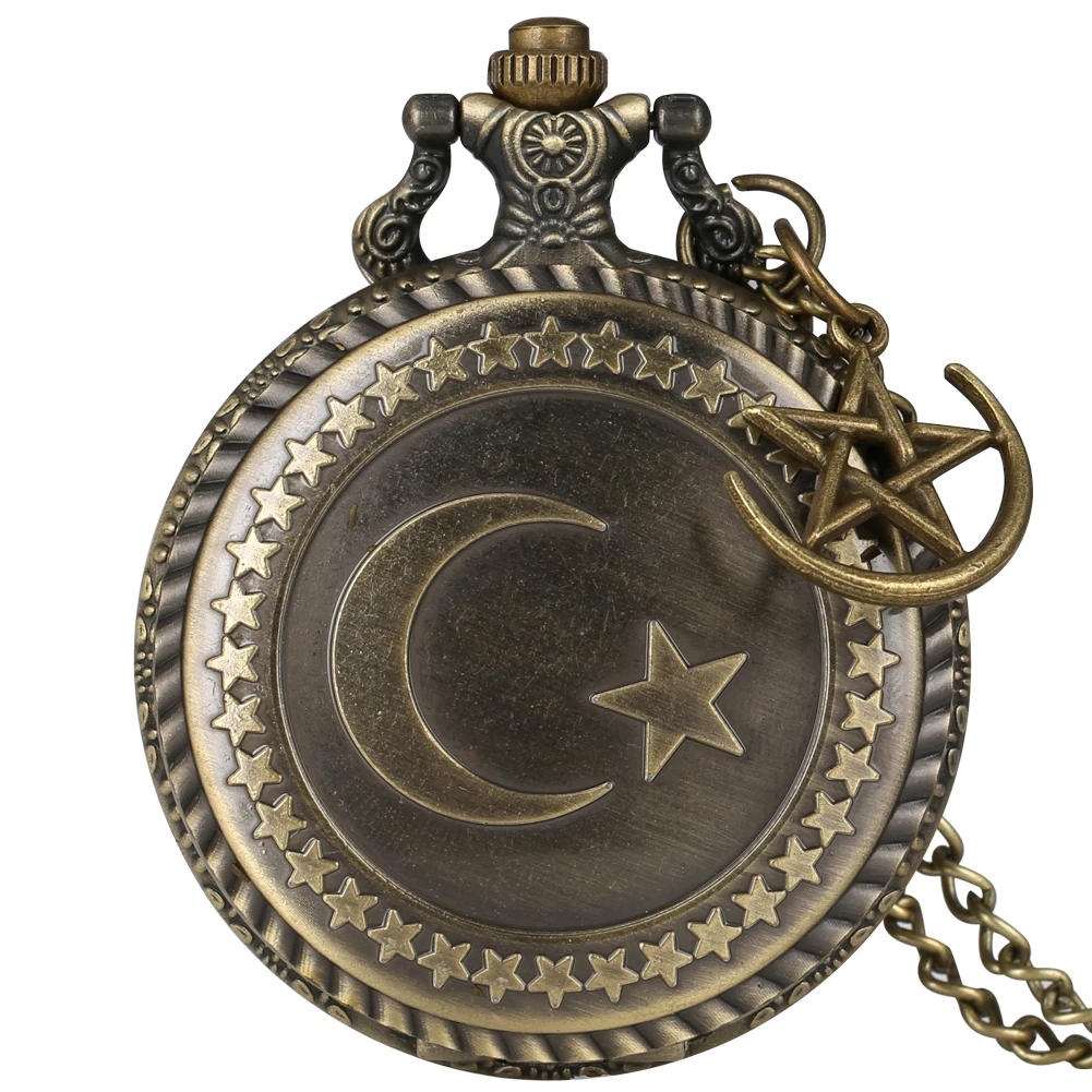 

Turkey Flag Moon Stars Sign Bronze Quartz Necklace Watches Unisex Antique Stylish Pendant Pocket Clock Arabic Numerals Dial