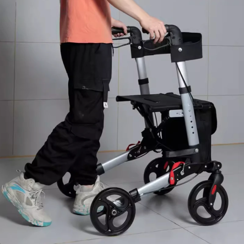 Upgraded Aluminum Portable Assistive Walking Support Rollators Foldable Walkers with Seat & Adjustable Height Mobility Aid Cart