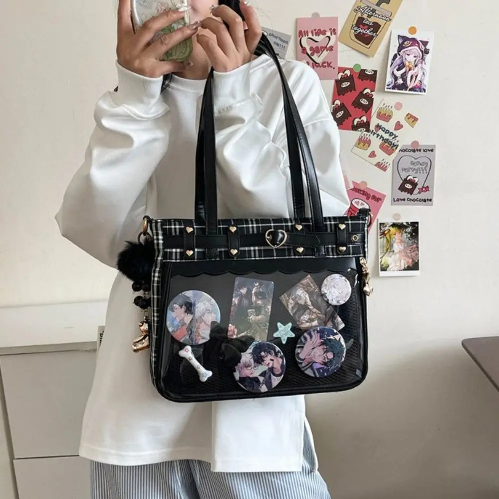 

Y2K Cartoon Anime Itabag Lattice Large Capacity JK Crossbody Bag Doll Badge Display Kawaii Transparent Shoulder Bag Travel