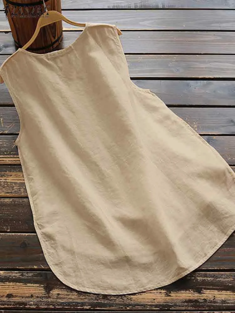 ZANZEA 2023 Summer Women Blouses Irregular Vintage Solid Tops Casual Sleeveless Summer Blusas Female O Neck Tunic Chemise 5XL