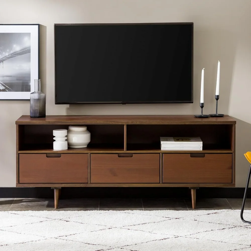 3-drawer modern wooden TV stand, suitable for TV flat cabinet doors up to 65 inches, 58 inches, walnut wood