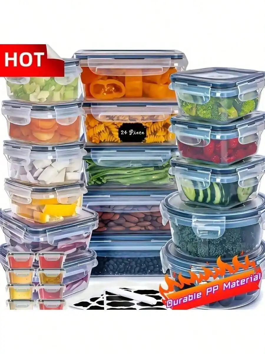 24 Pieces Food Storage Containers Set With Snap Lids (12 Lids + 12 Containers), Plastic Containers, Lunch Container Bento Box For Home, Black