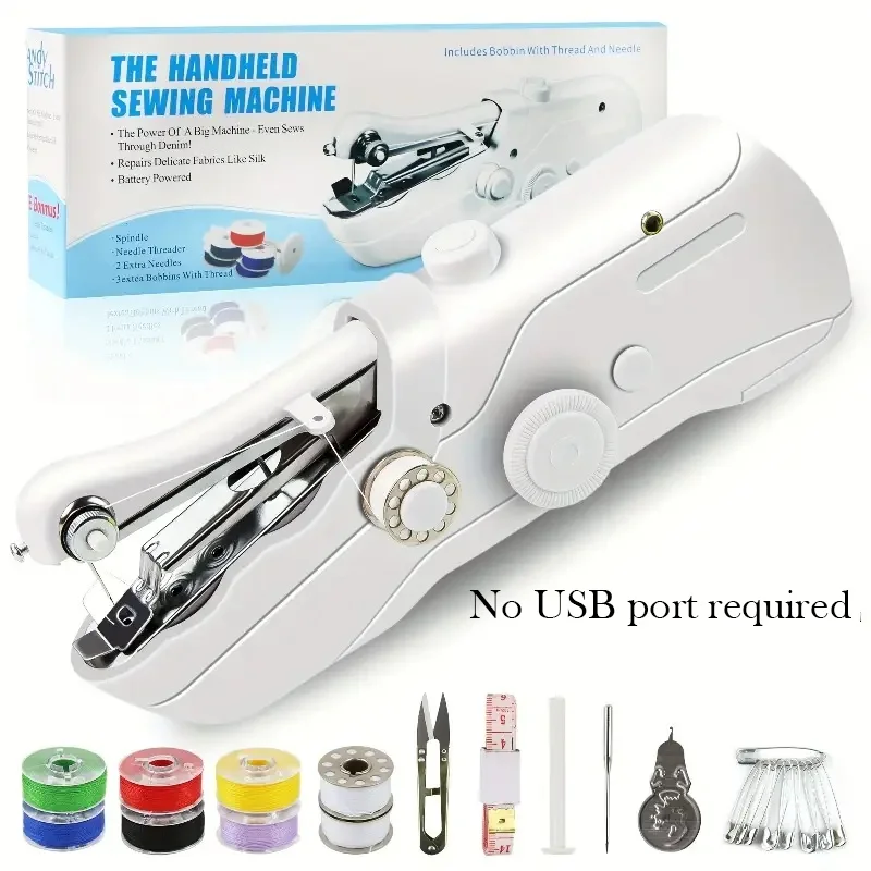 Portable handheld sewing machine, AA battery operated. DIY kit with sewing tools for beginners and adults, battery excluded.